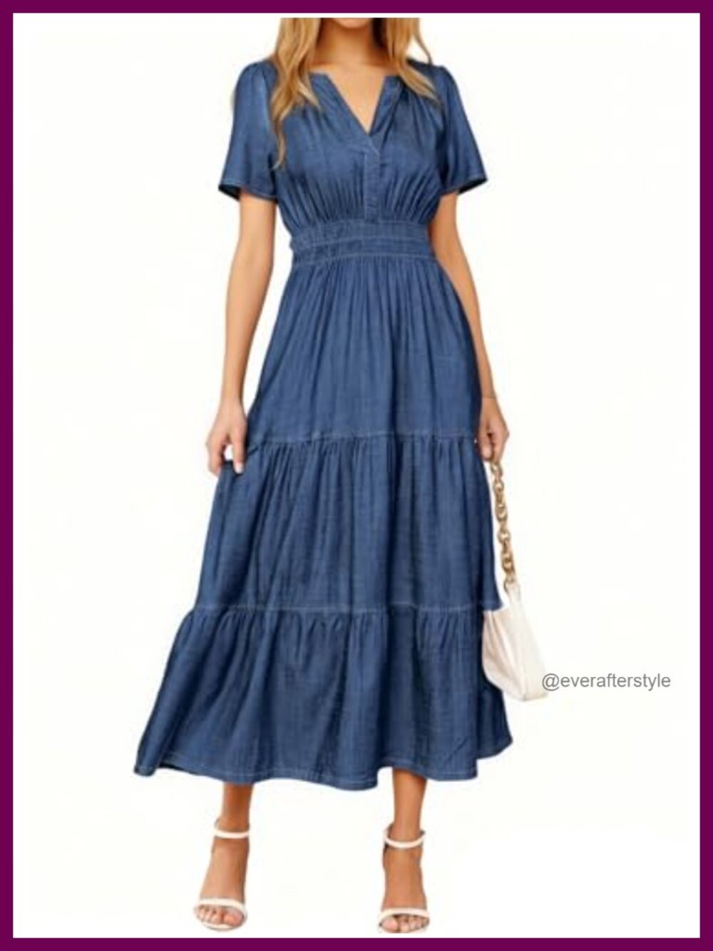 Womens Denim Dress Short Sleeve V Neck Empire Waist Boho Flowy Maxi with Pockets